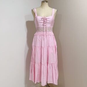 SHEIN Women's Pink Lace Trim Bustier Corset-Style Tiered Midi Dress Size M